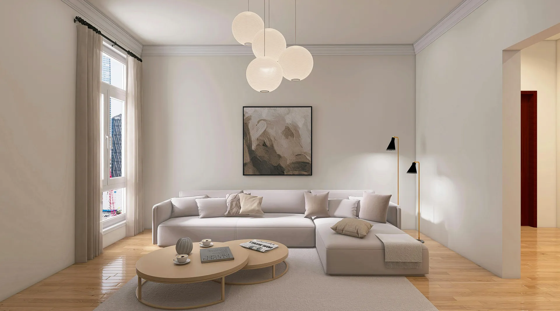 Modern living room with grey sofa
